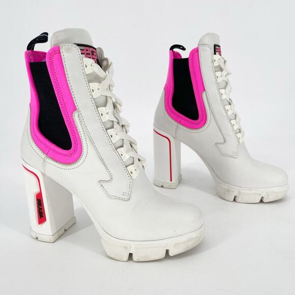 Prada White Leather Hot Pink Neoprene Lace Up Chelsea Combat Ankle Boot IT 37.5 - Picture 2 of 16